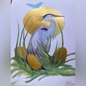 Original painting heron bird eggs gold wildlife Art NEW surrealism Artettina USA